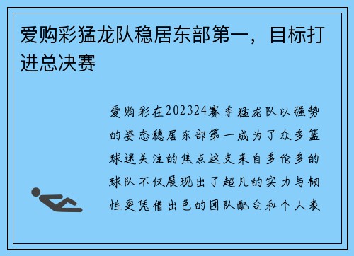 爱购彩猛龙队稳居东部第一，目标打进总决赛