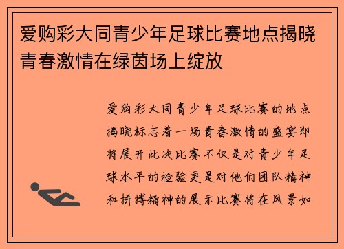 爱购彩大同青少年足球比赛地点揭晓青春激情在绿茵场上绽放
