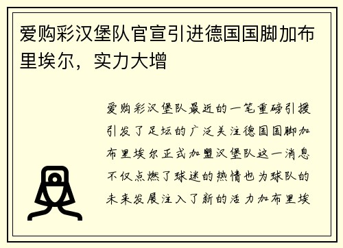 爱购彩汉堡队官宣引进德国国脚加布里埃尔，实力大增