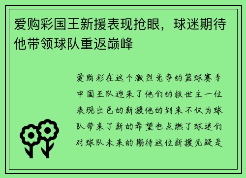 爱购彩国王新援表现抢眼，球迷期待他带领球队重返巅峰