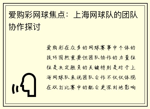爱购彩网球焦点：上海网球队的团队协作探讨